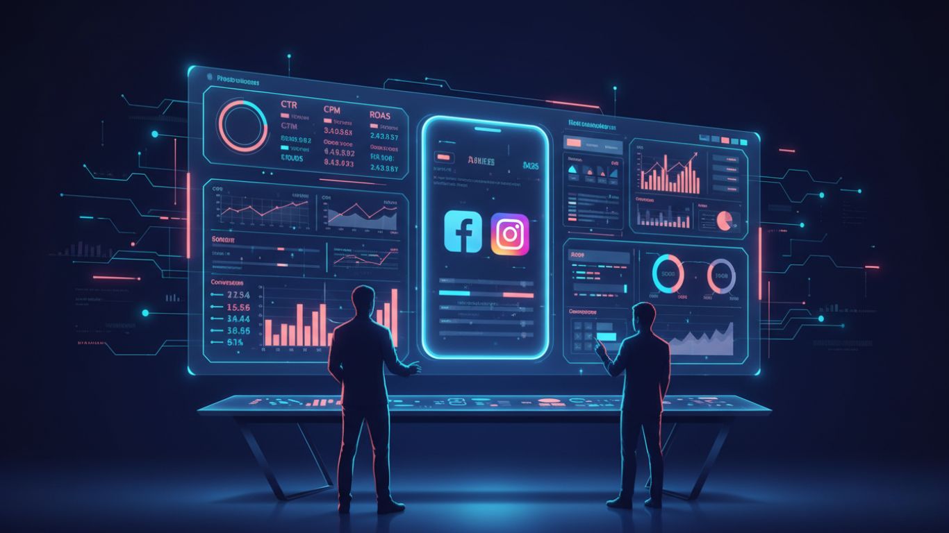 Futuristička 3D ilustracija digitalne kontrolne sobe sa hologramskim ekranima, metrikama i Facebook i Instagram ikonama koje simbolizuju Meta Ads Manager.