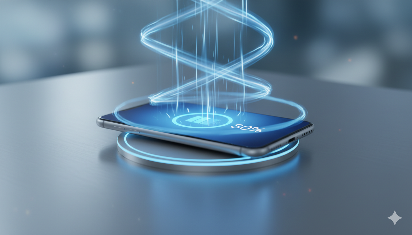 Pametni telefon na bežičnom punjaču sa vidljivim energetskim talasima, simbol bezbednog i efikasnog punjenja baterije.