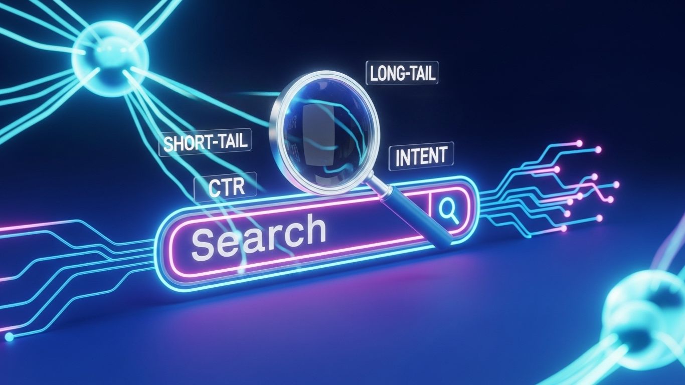 Futuristička ilustracija keyword research procesa sa holografskom lupom i mrežom ključnih reči