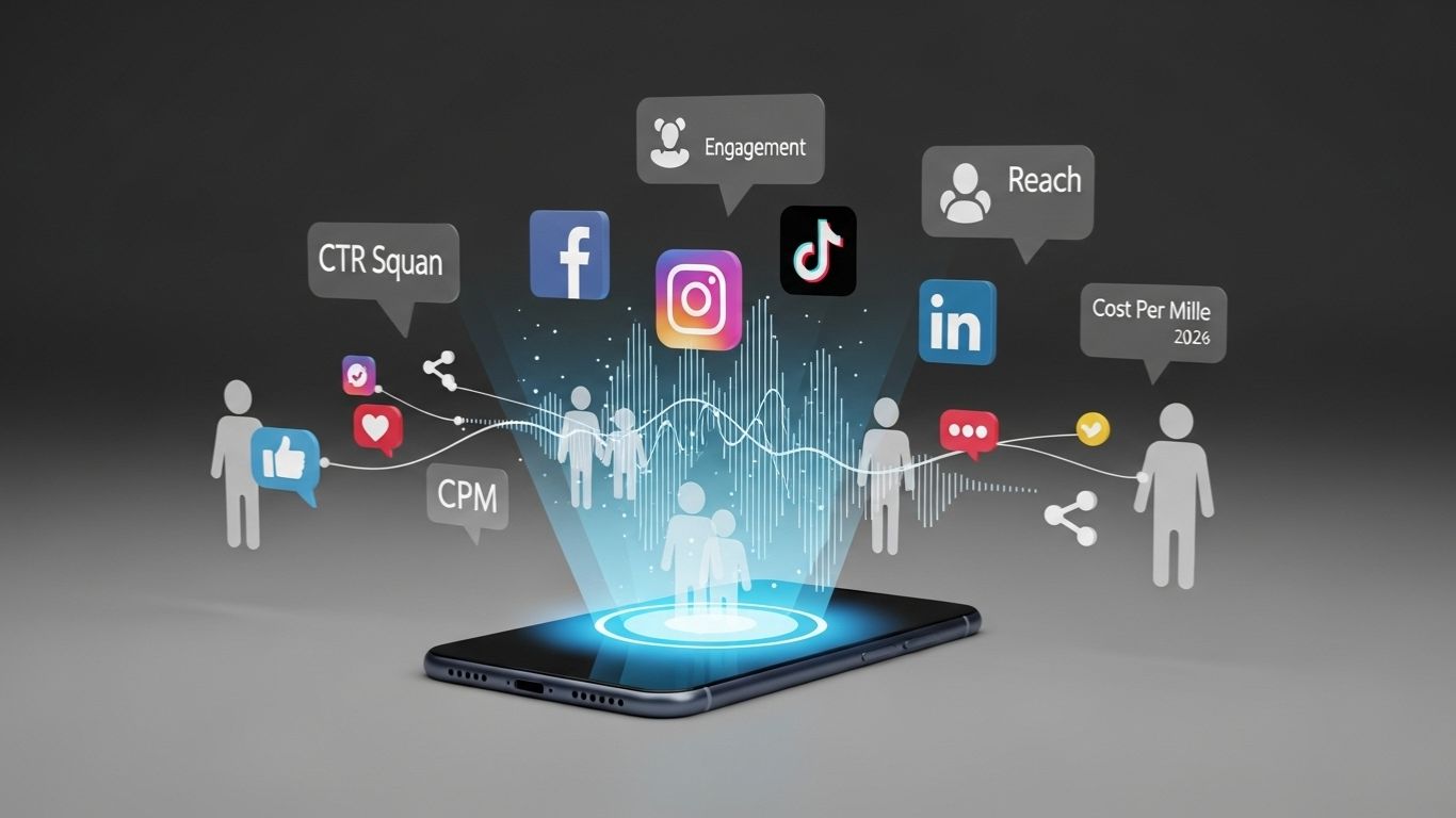 Futuristic 3D illustration of social media advertising ecosystem: holographic smartphone at the center projecting glowing icons of Facebook, Instagram, TikTok, and LinkedIn. Floating UI elements show metrics like CTR, Engagement, Reach, and CPM. Around it, digital waves connect people silhouettes and interaction symbols (likes, comments, shares). The scene is sleek, modern, and analytical — symbolizing precision, creativity, and audience targeting in social media marketing.