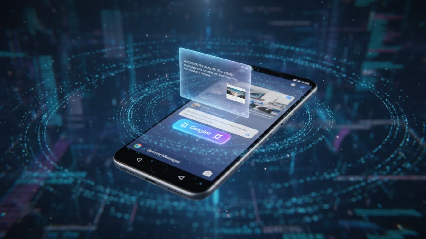 Na ekranu se vidi poruka sa deljenim linkom i novo dugme „Insights“ sa plavo-ljubičastim Gemini AI logotipom, ispod kog lebdi holografski sažetak teksta. U pozadini se šire svetlosne linije i simboli koji predstavljaju veštačku inteligenciju i automatsku analizu sadržaja.