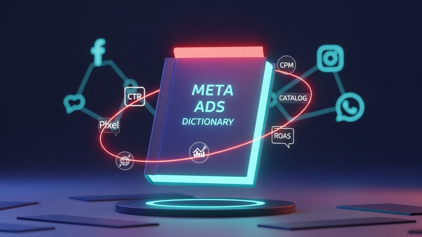 Futuristička 3D ilustracija digitalne knjige sa hologramskim ikonama i metrikama Meta oglašavanja na tamnoplavoj pozadini.