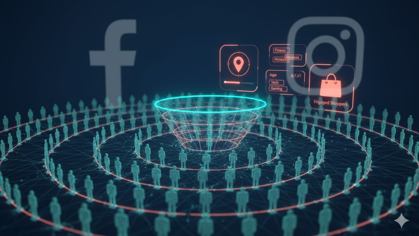 Futuristička 3D mreža korisnika sa izdvojenim segmentom i holografskim filterima (lokacija, uzrast, interesovanja, ponašanja) – vizuelizacija Meta Core Audiences targetiranja.
