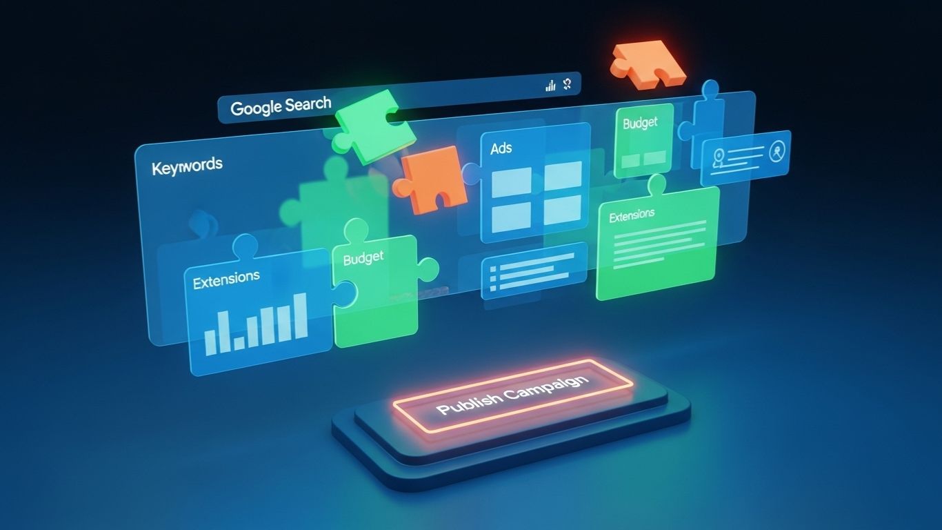 Futuristička ilustracija kreiranja Google Search kampanje sa holografskim panelima ključnih reči, oglasa i budžeta