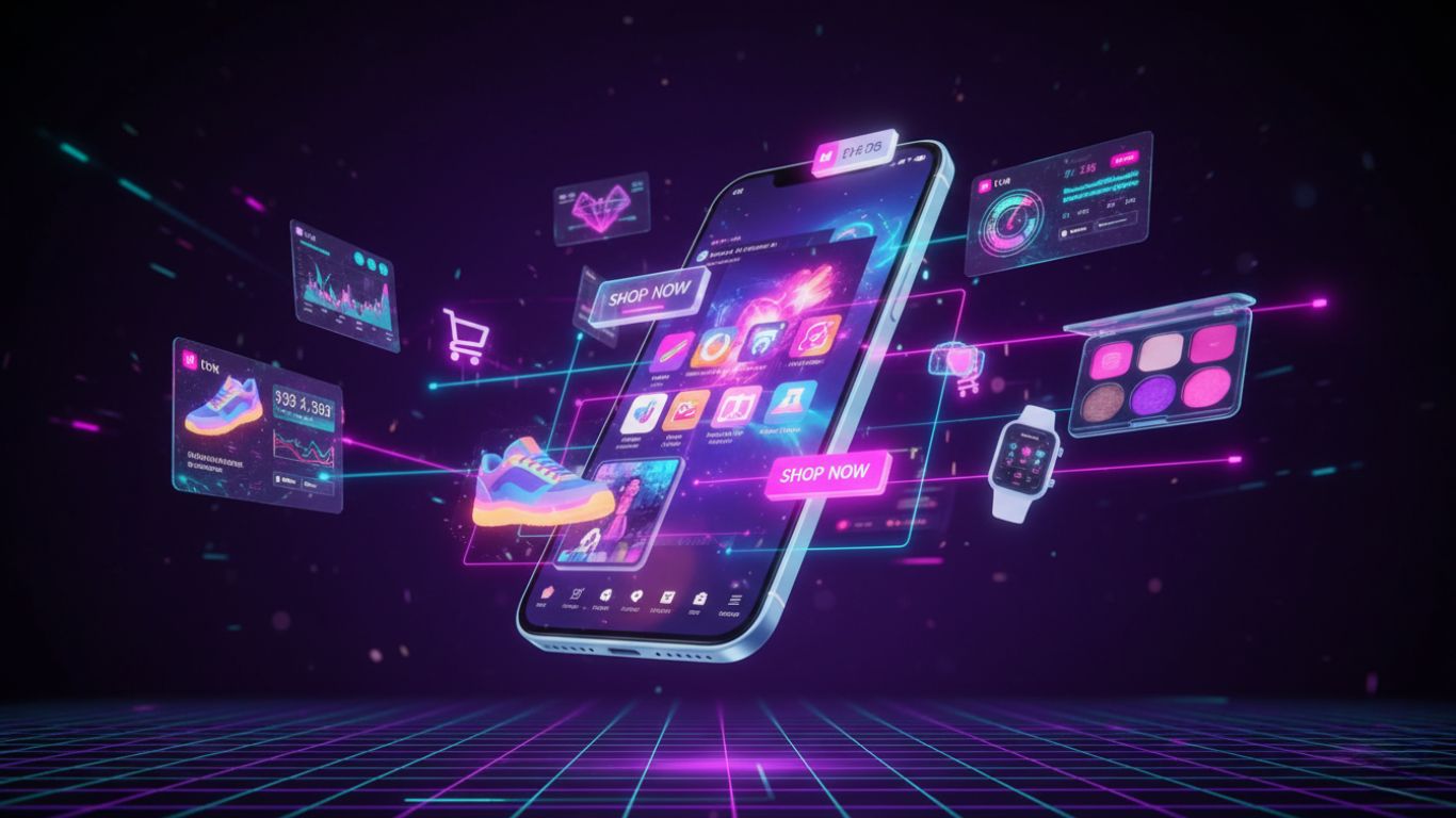 3D ilustracija pametnog telefona sa TikTok video ekranom iz kojeg izlaze hologramske kartice proizvoda, korpa i dugme „Shop Now“, okružene svetlosnim zracima i ikonama koje simbolizuju TikTok Shop, video oglase i e-commerce prodaju.
