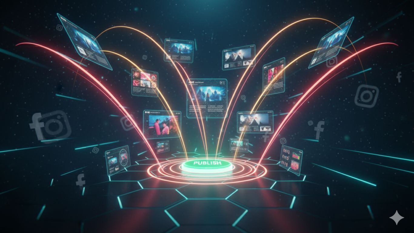 Futuristička 3D ilustracija digitalne ruke koja pritiska hologramsko dugme „Publish“, sa svetlosnim zracima koji simbolizuju pokretanje Meta kampanje.