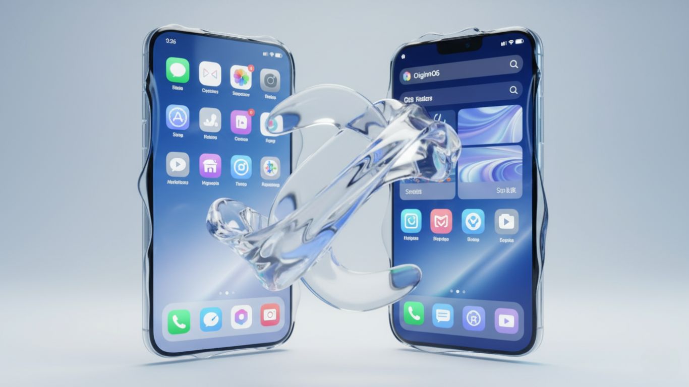 Futuristička ilustracija dva pametna telefona – iOS 26 i Vivo OriginOS 6 – sa sličnim “Liquid Glass” dizajnom, koji prikazuje prozirne slojeve, zaobljene ikonice i svetlosne refleksije.