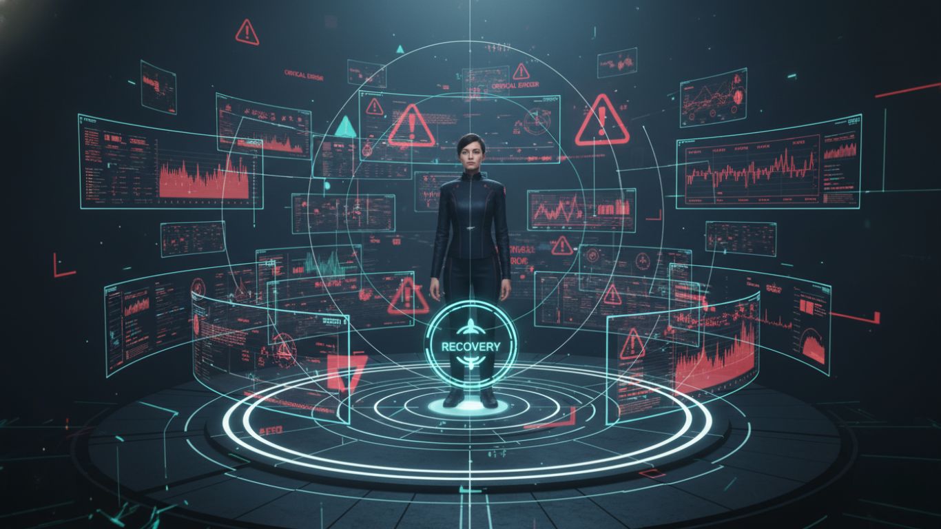 Futuristička 3D ilustracija marketara koji smireno upravlja digitalnim upozorenjima i kontrolnim panelima, simbolizujući stručno rešavanje problema i kontrolu u kriznim situacijama.