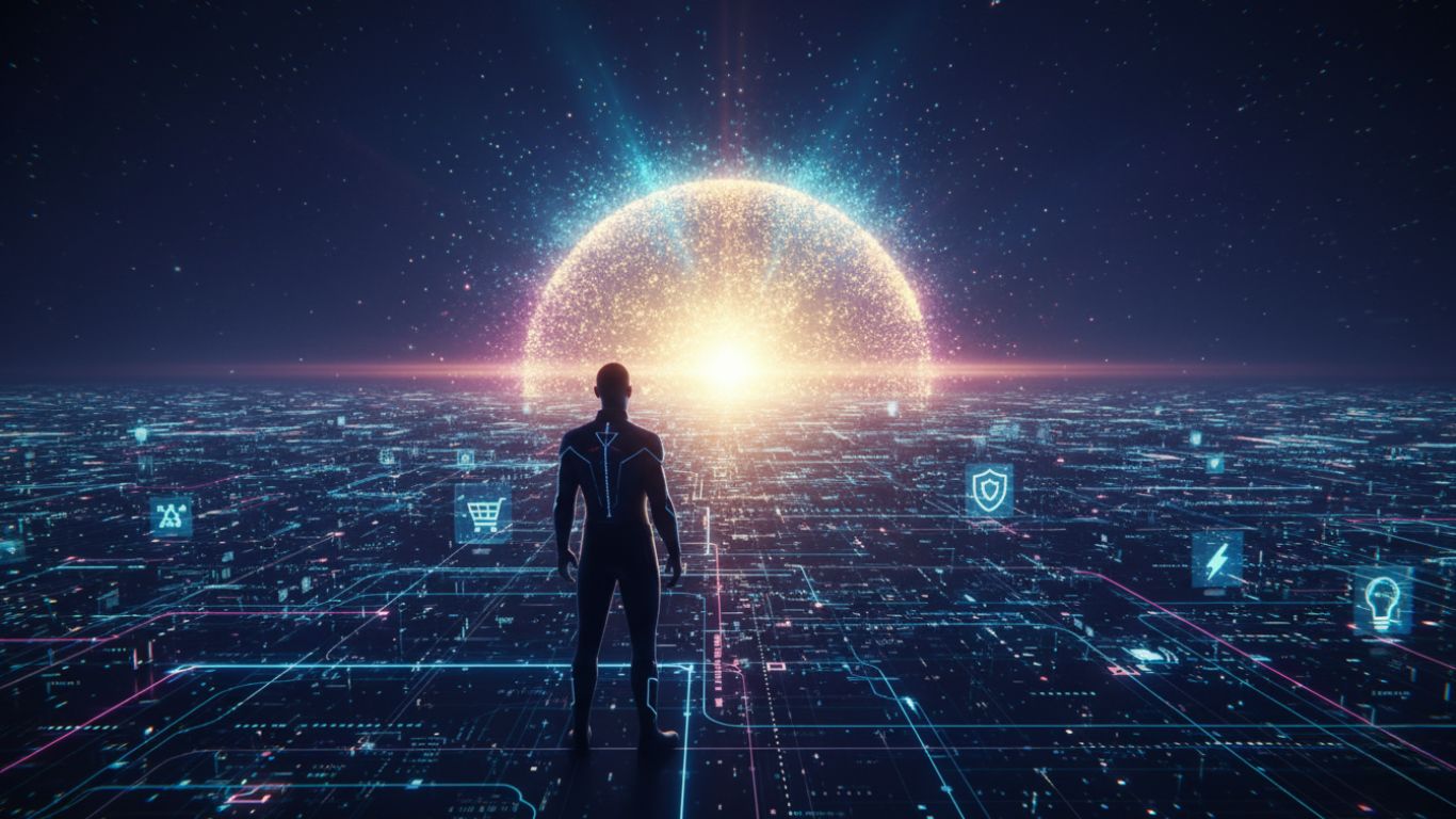 Futuristička 3D ilustracija marketara koji posmatra digitalni horizont ispunjen svetlosnim podacima i simbolima AI, privatnosti i trgovine, predstavljajući budućnost oglašavanja i evoluciju marketinga.