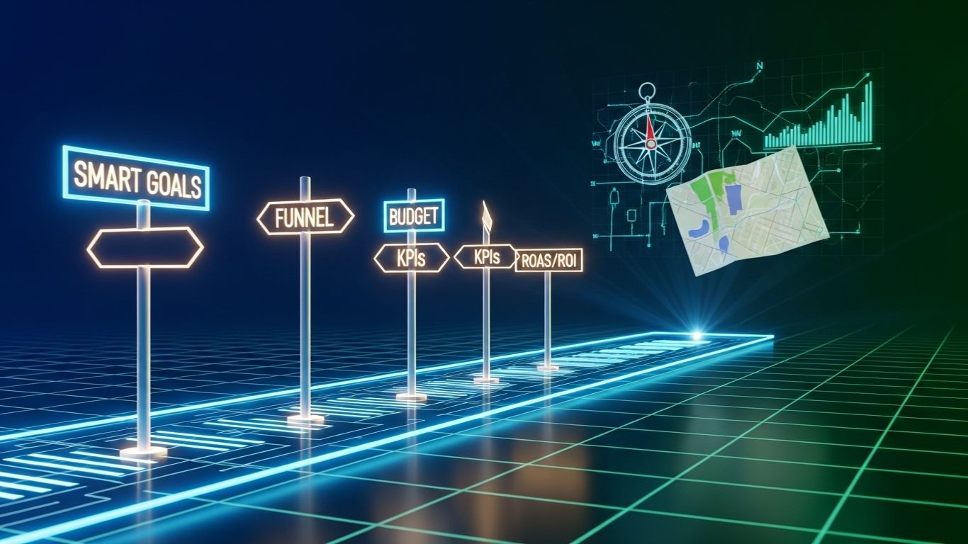 Futuristička ilustracija PPC strategije sa digitalnom mapom, kompasom i putokazima SMART ciljevi, funnel, budžet i KPI