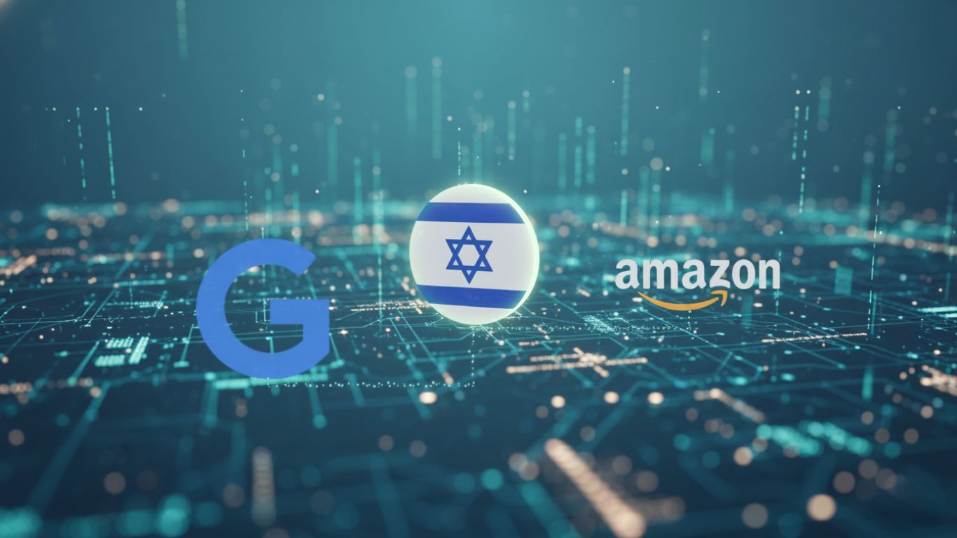 Logo kompanija Google i Amazon ispred izraelske zastave