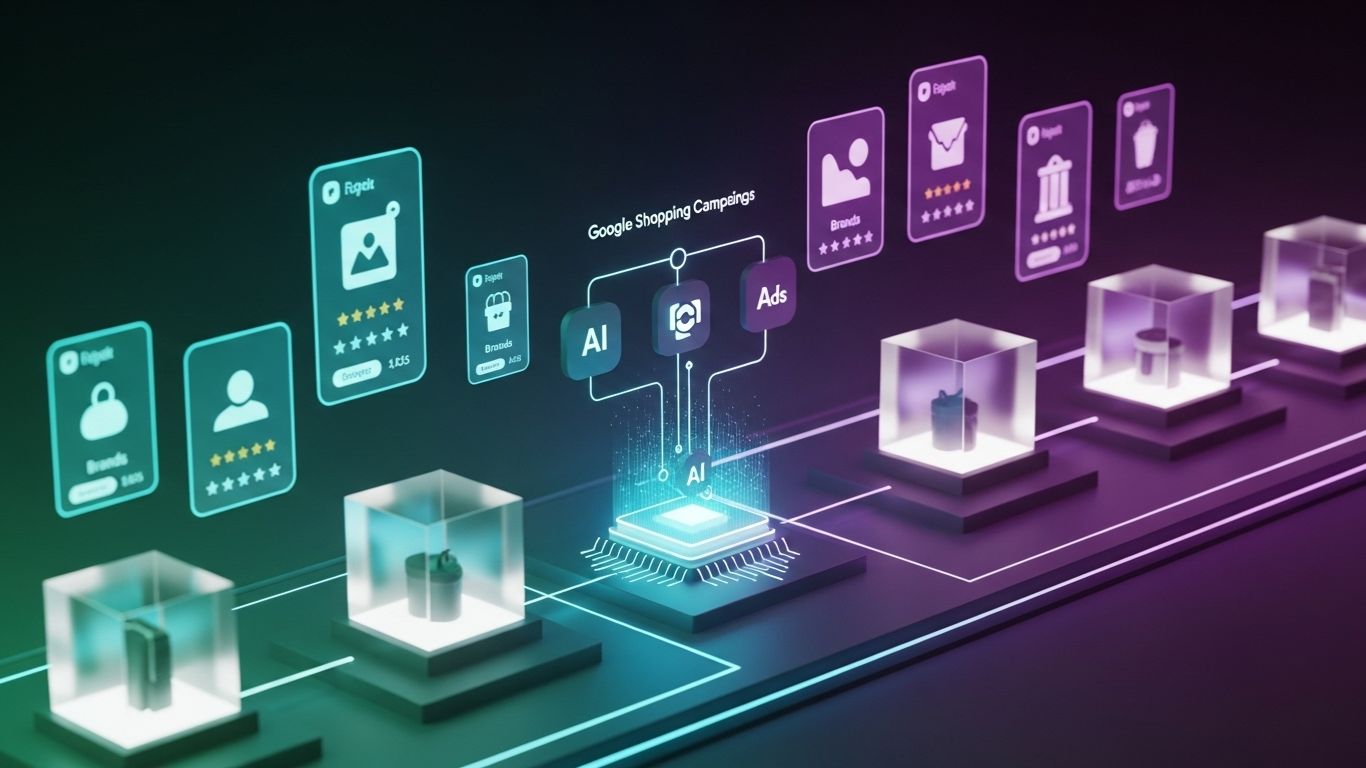 Futuristička 3D ilustracija Google Shopping kampanja sa holografskim proizvodima, cenama i AI analitikom