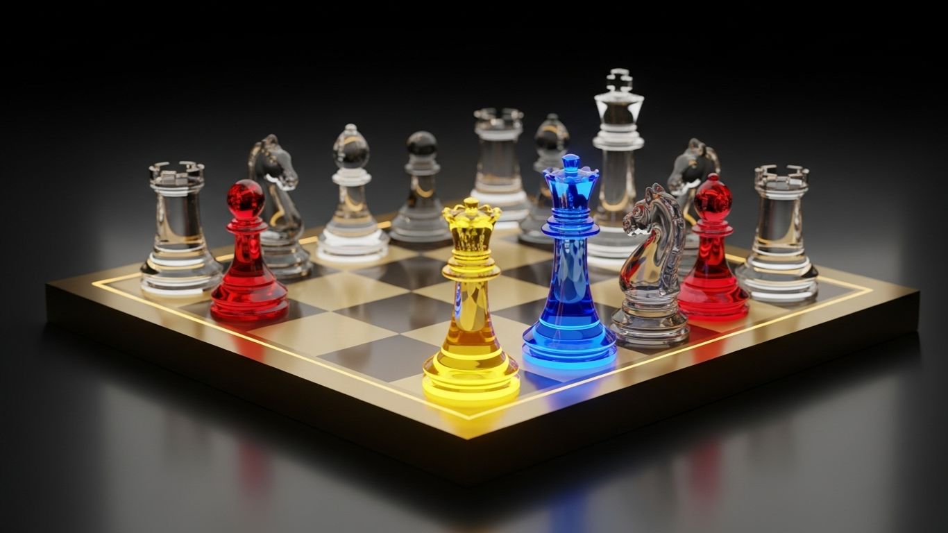 Futuristička 3D ilustracija šahovske table sa holografskim figurama koje simbolizuju konkurenciju i strateško pozicioniranje u PPC-u.