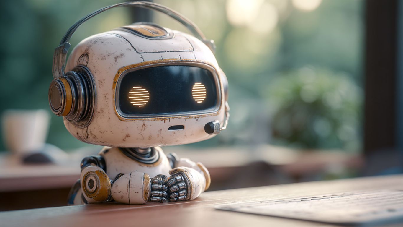 Ilustracija robota koji piše u svesku kao simbol AI sadržaja