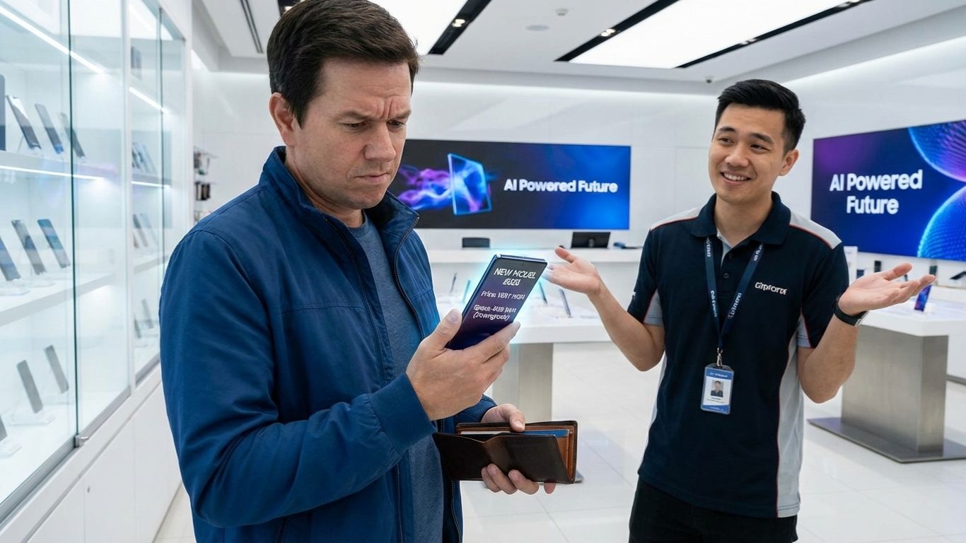 Prikaz kupca sa praznim novčanikom u radnji mobilnih telefona