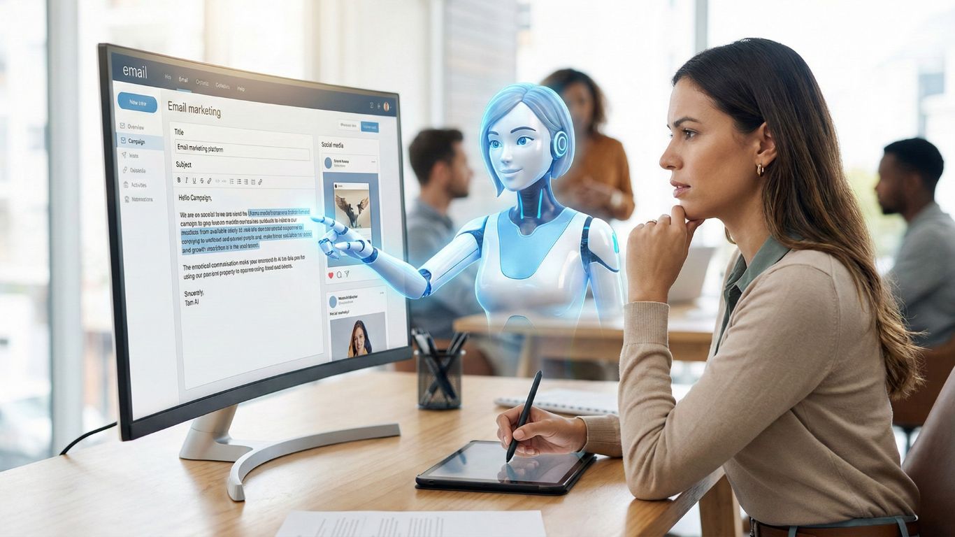 Grafički prikaz saradnje čoveka i AI robota u kancelarijskom okruženju