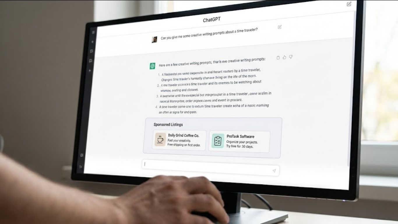 ChatGPT logo na ekranu telefona sa prikazom reklame na dnu ekrana, u pozadini zamagljen Google logo
