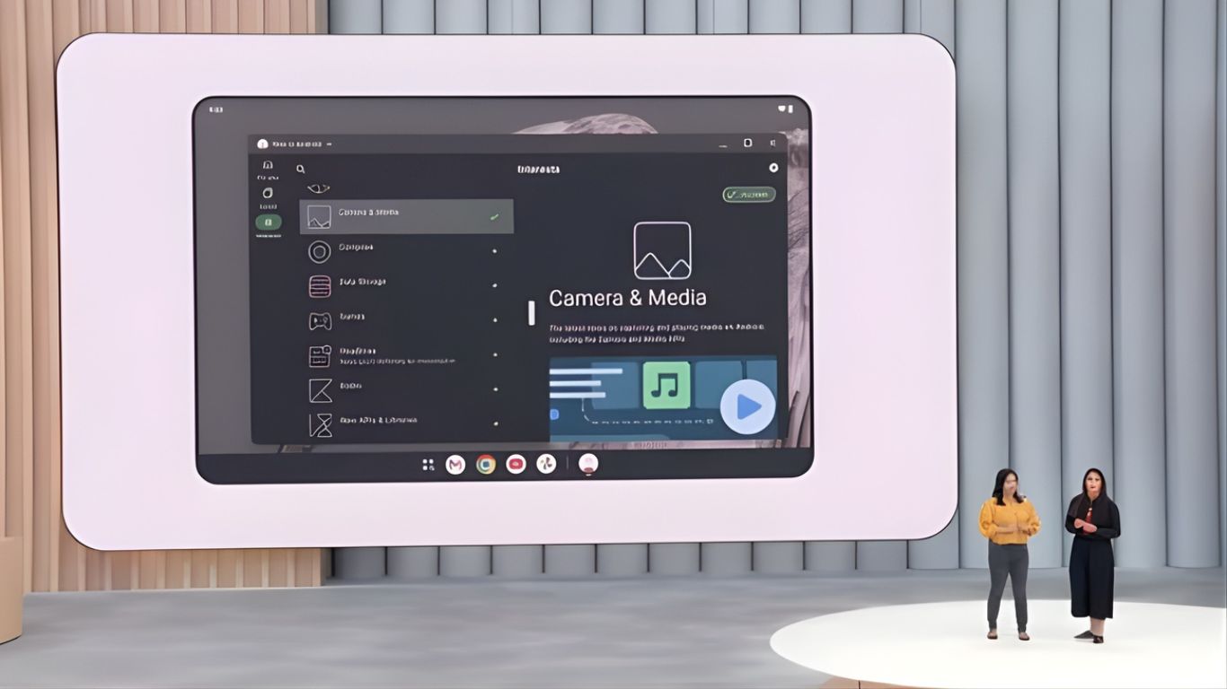 Prikaz Android 16 operativnog sistema u Desktop mode na velikom monitoru sa otvorenim prozorima aplikacija.