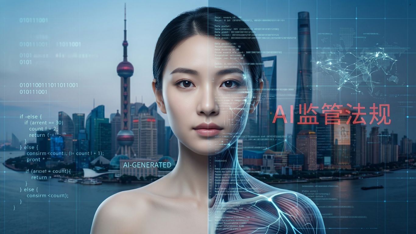 Prikaz realističnog AI digitalnog avatara na ekranu pametnog telefona uz simbole kineske regulative.