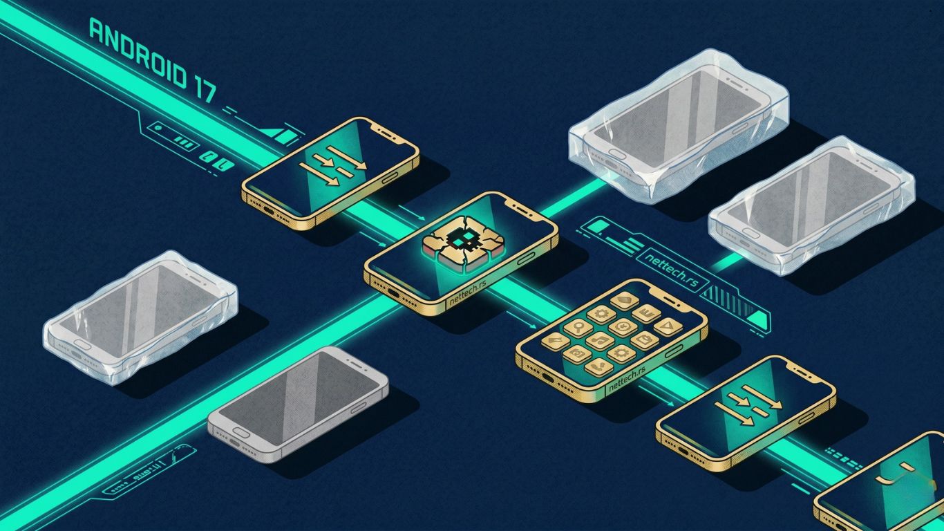 Prikaz različitih Android telefona sa informacijama o ažuriranju na Android 17 verziju.