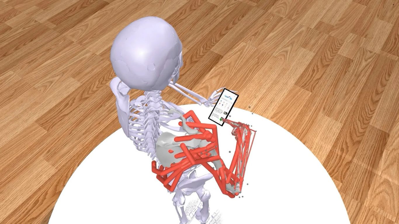 Digitalna simulacija skeleta šake koja pokazuje napor mišića tokom skrolovanja na ekranu pametnog telefona.