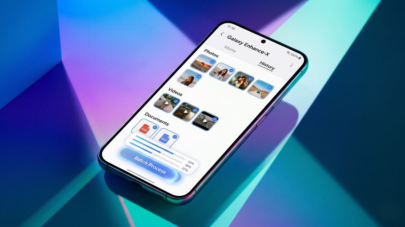 Prikaz Galaxy Enhance-X aplikacije na Samsung telefonu sa novim tabulatorima i opcijama za obradu slika i videa.
