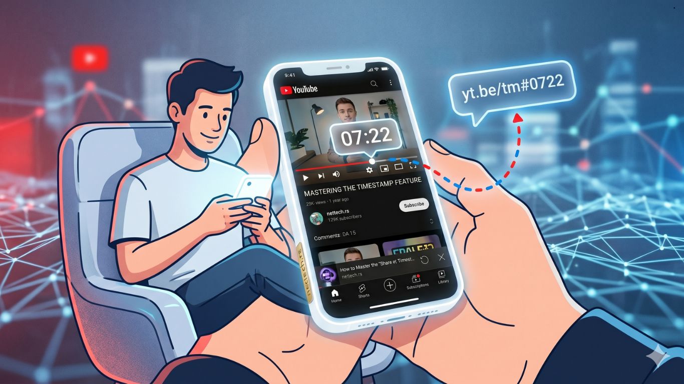 Mobilni telefon sa YouTube aplikacijom koja prikazuje novu opciju za deljenje linka od tacno odredjenog markera vremena.