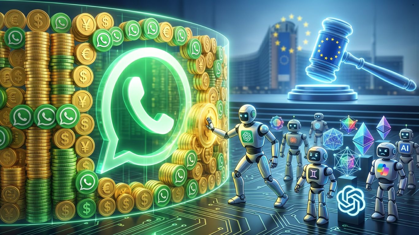 Logo aplikacije WhatsApp iza regulatorne barijere sa simbolima Evropske unije i veštačke inteligencije.