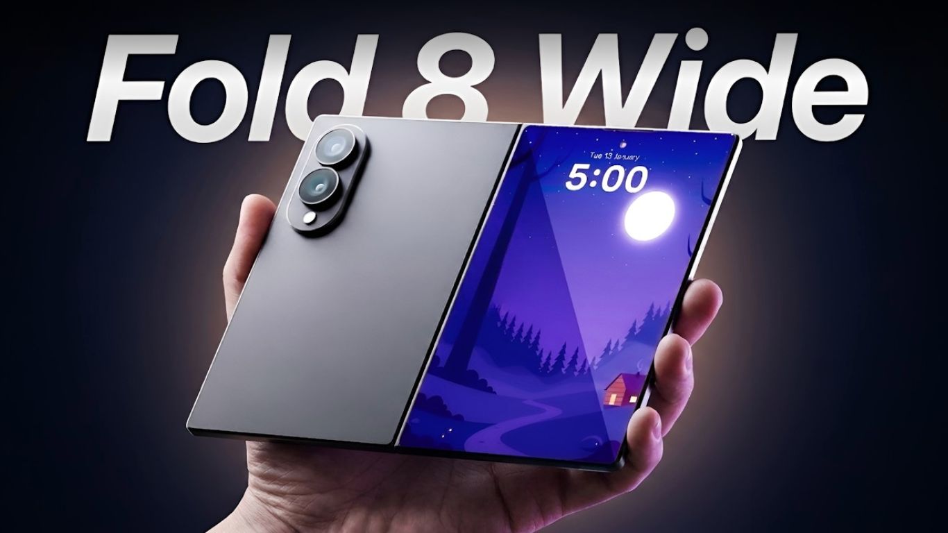 rikaz otvorenog Samsung Galaxy Z Fold 8 Wide modela sa 4:3 odnosom stranica i poređenje sa debljinom običnog telefona.
