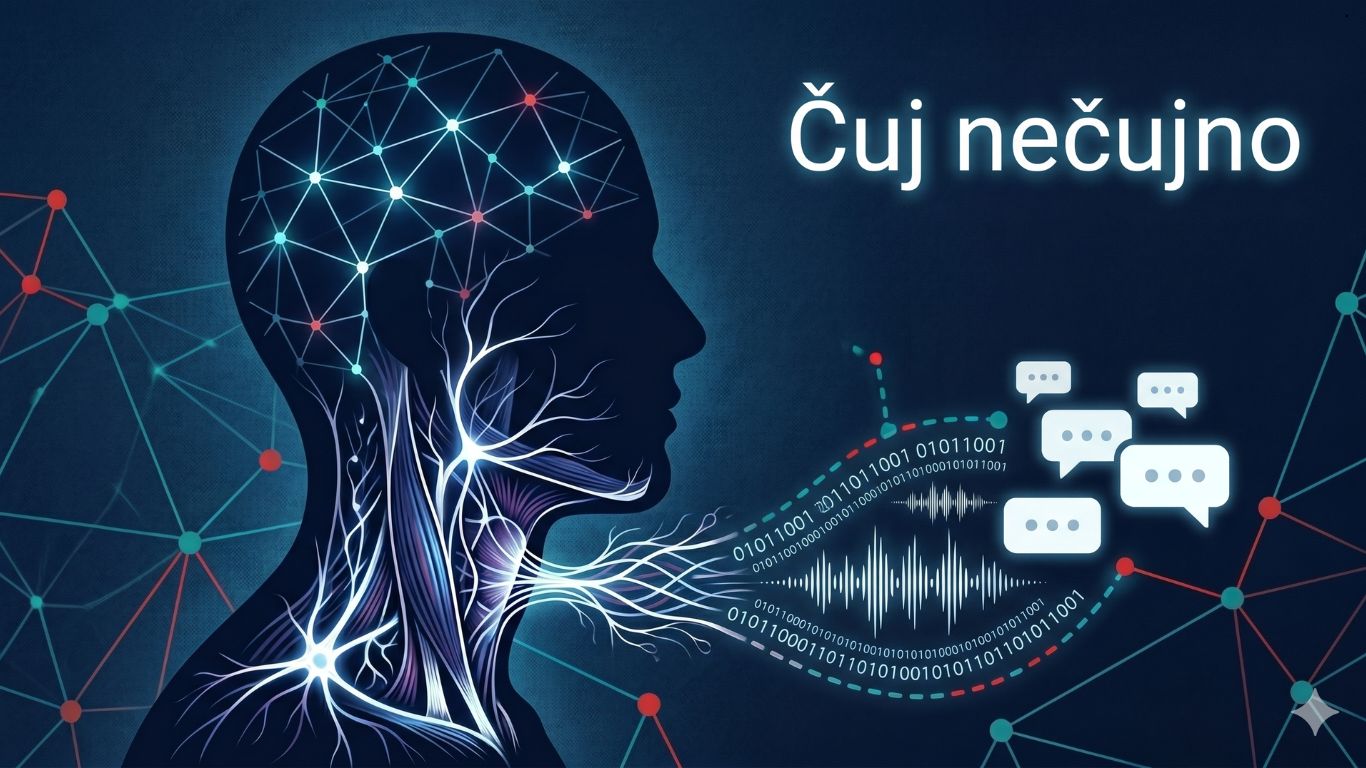Ilustracija ljudske anatomije u profilu koja prikazuje mišićni sistem i unutrašnje mreže. Mozak je predstavljen kao svetleća geometrijska mreža, dok iz grla izlazi audio talasni oblik i niz binarnih brojeva. Pozadina je tamna sa povezanim čvorovima u teal i crvenoj boji.