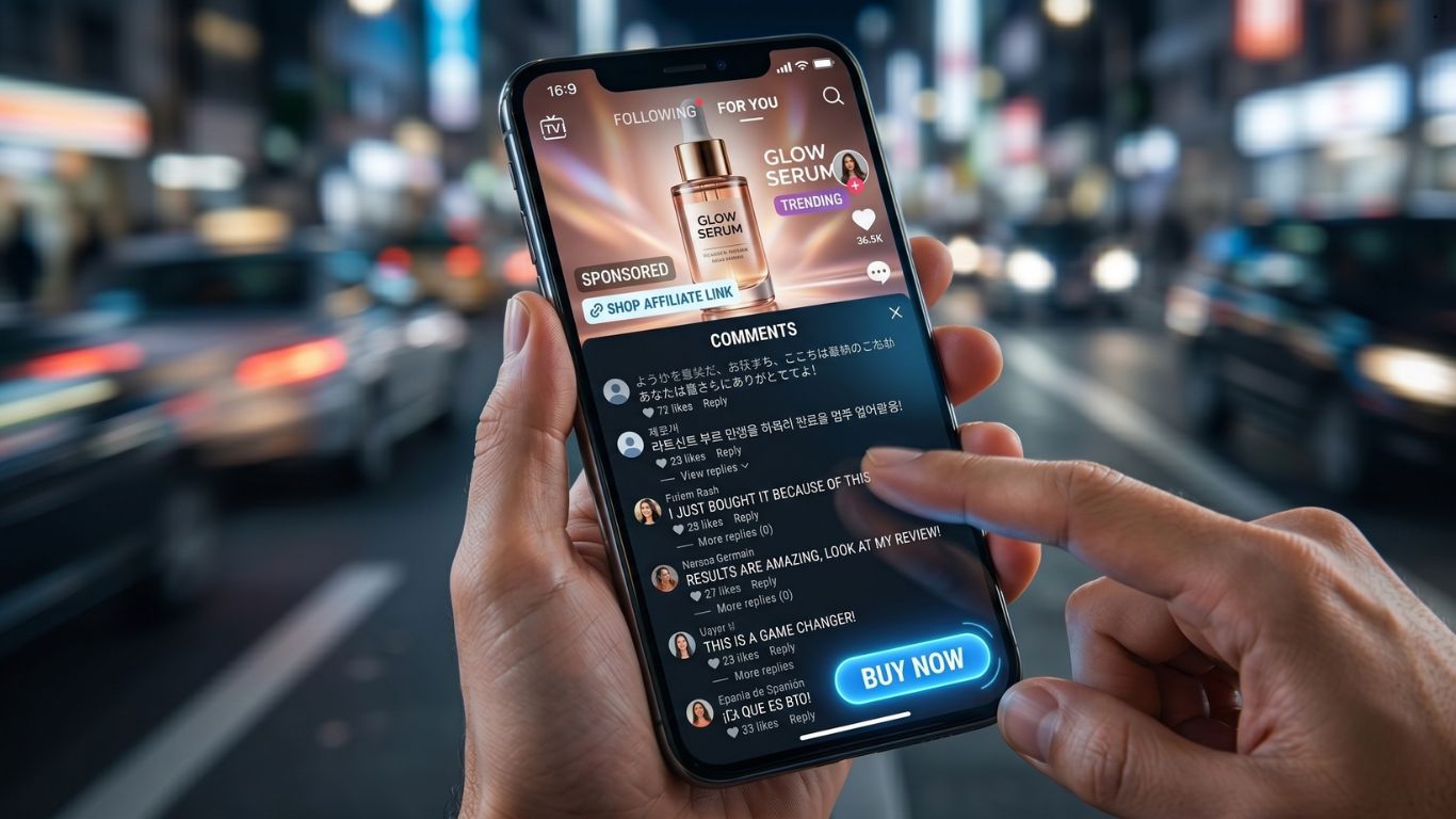 Prikaz interfejsa TikTok aplikacije sa fokusom na prodaju proizvoda i komentare korisnika.
