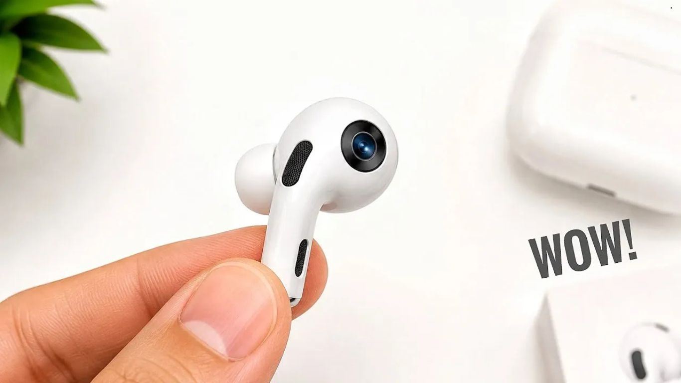 Konceptualni prikaz Apple AirPods Pro 3 slušalica sa ugrađenim vizuelnim senzorima za veštačku inteligenciju.