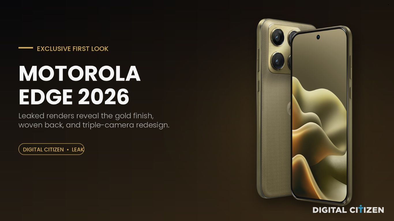 Procureli renderi Motorola Edge (2026) pametnog telefona u zlatnoj boji sa ravnim ekranom i zadnjom stranom od tkane tkanine.