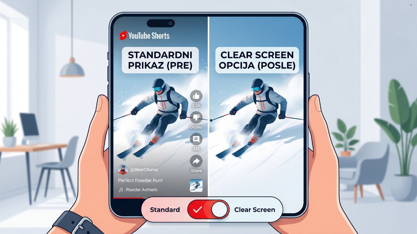 Prikaz YouTube Shorts interfejsa sa i bez kontrolnih ikona na ekranu mobilnog telefona.