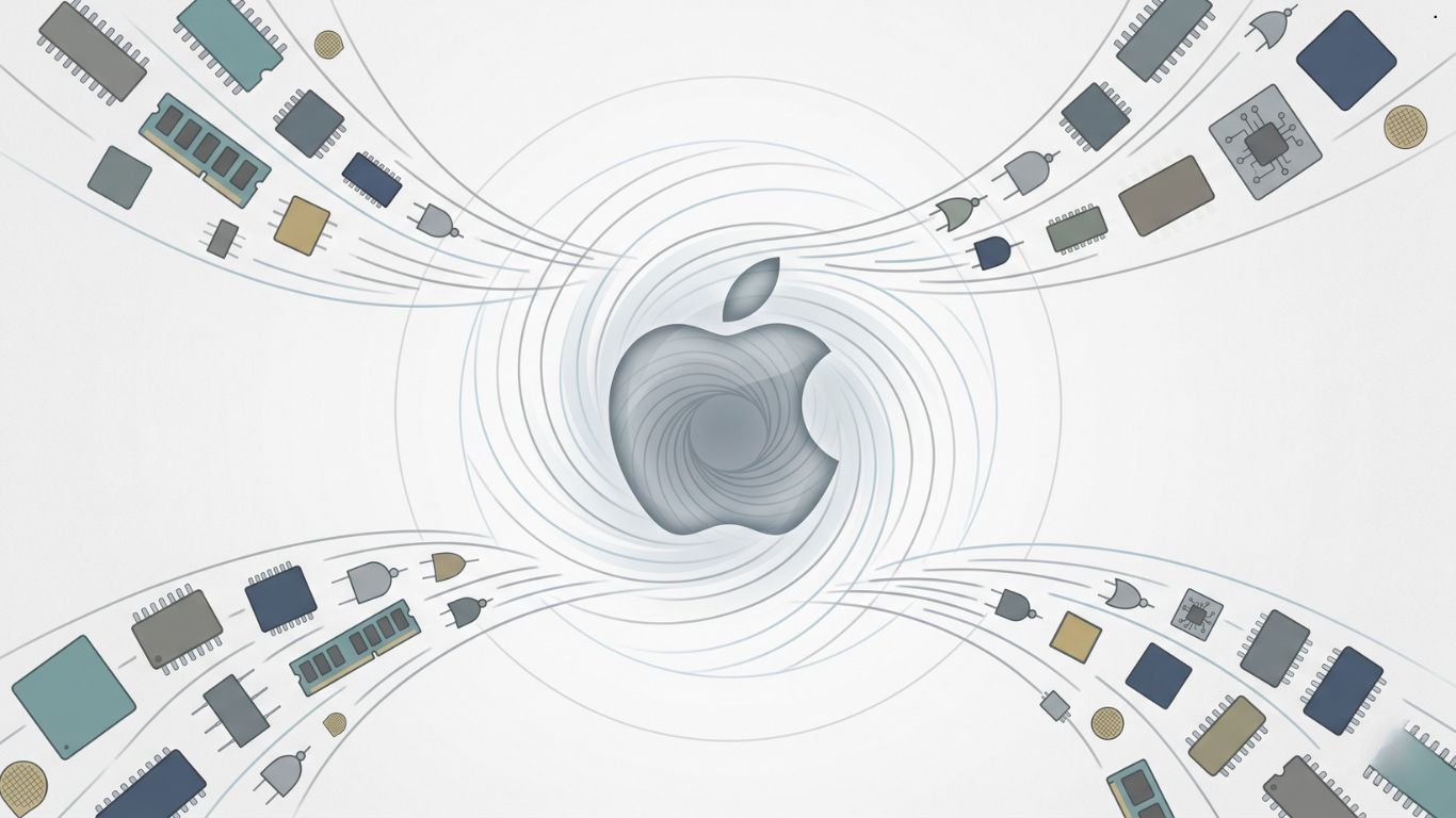 Konceptualna ilustracija koja prikazuje tokove memorijskih čipova koji se slivaju prema Apple logotipu, simbolizujući Apple-ovu dominaciju u globalnoj potražnji za poluprovodnicima.