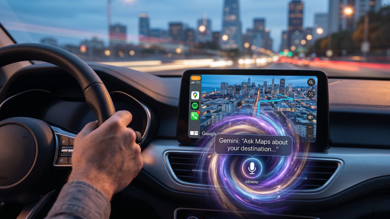 Prikaz interfejsa Google Maps aplikacije na CarPlay ekranu u automobilu sa istaknutom Gemini AI ikonom.