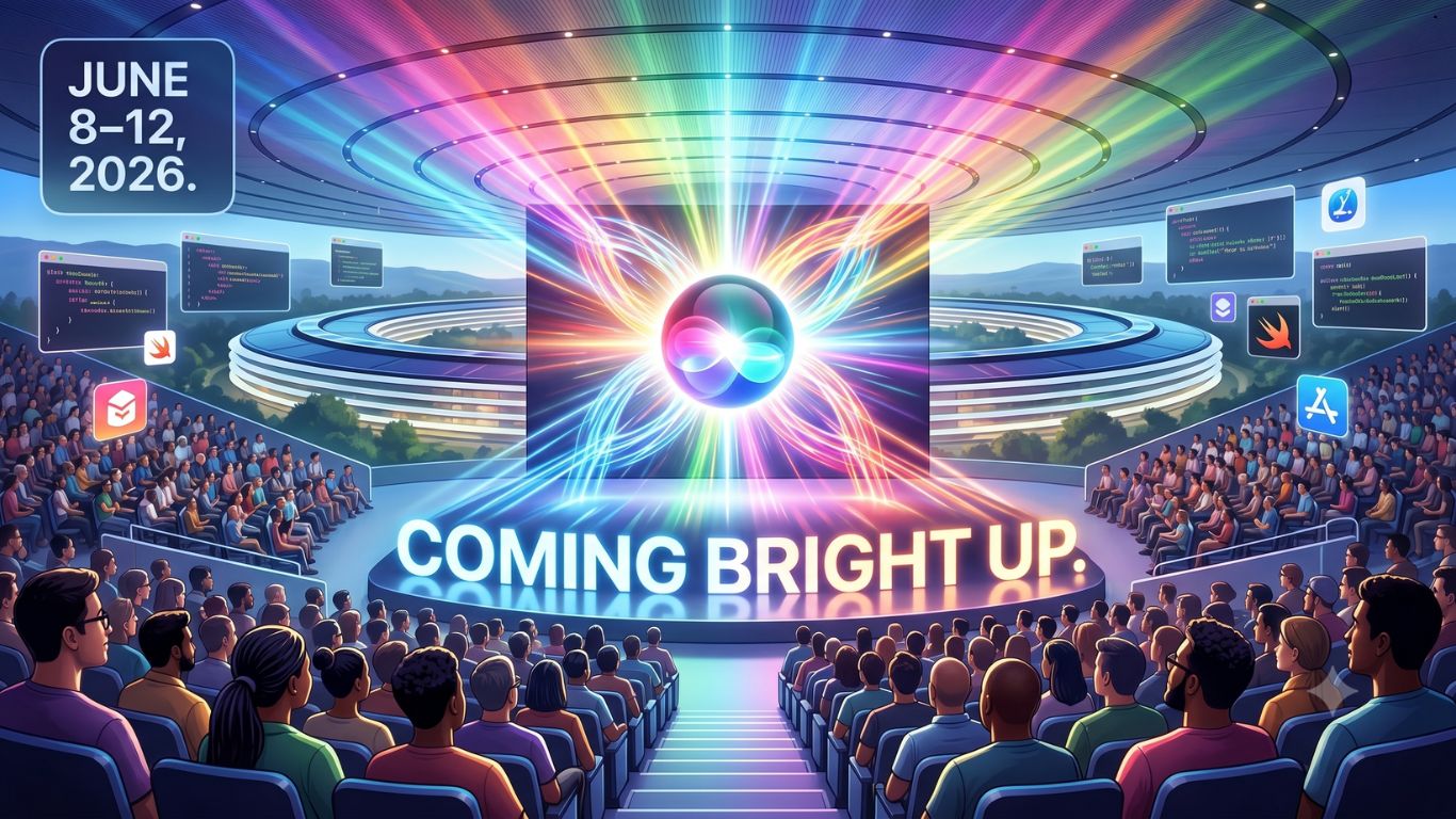 Zvanična Apple pozivnica za WWDC 2026 sa svetlećim vizuelnim detaljima i sloganom Coming bright up.