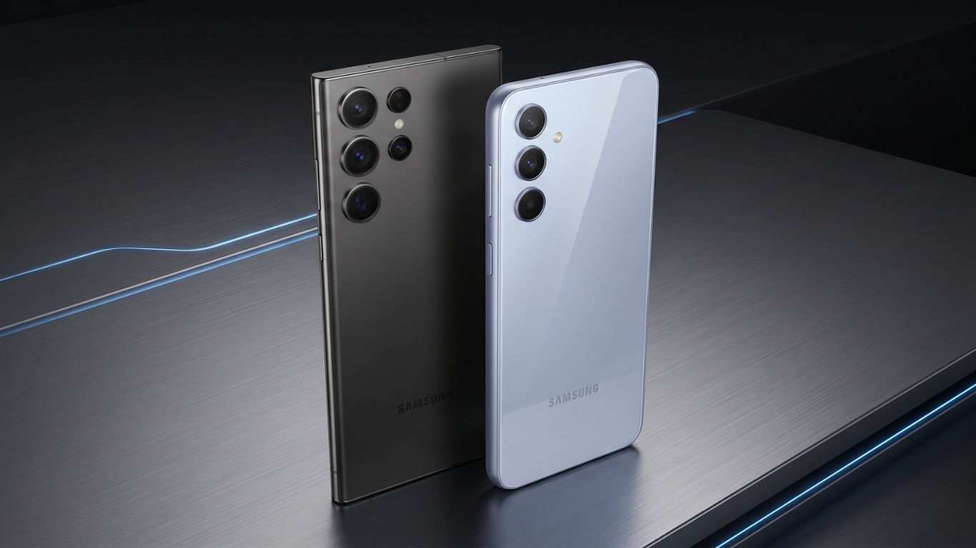 Prikaz Samsung Galaxy S26 Ultra telefona pored modela iz A serije, ilustracija nove proizvodne strategije.