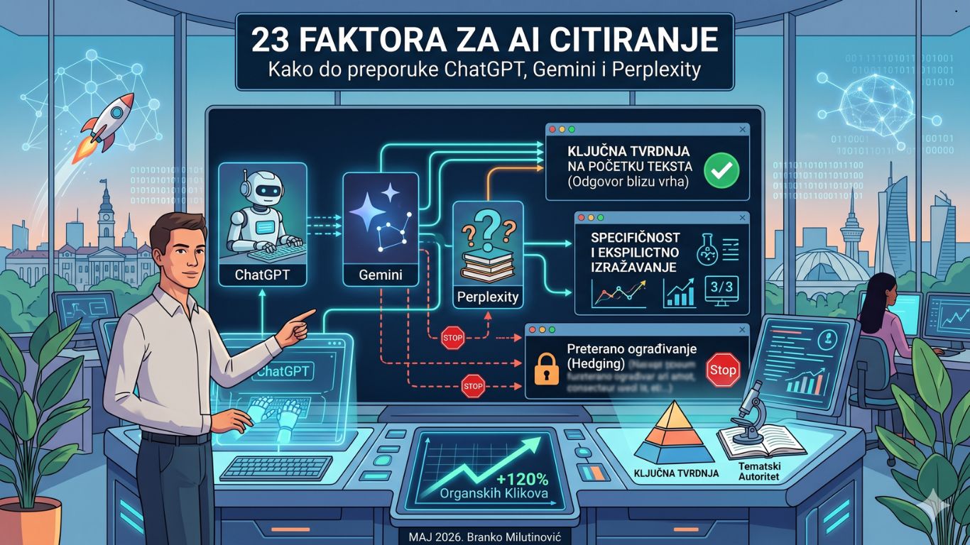 Infografik koji prikazuje centralni AI čvor povezan sa izvorima informacija na digitalnoj mreži.