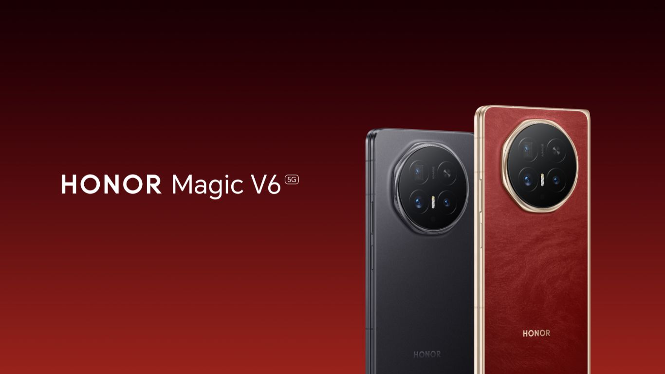 Elegantni i ultra tanak HONOR Magic V6 pametni telefon na preklop prikazan u polurasklopljenom stanju koji ističe napredni dizajn tankog kućišta.