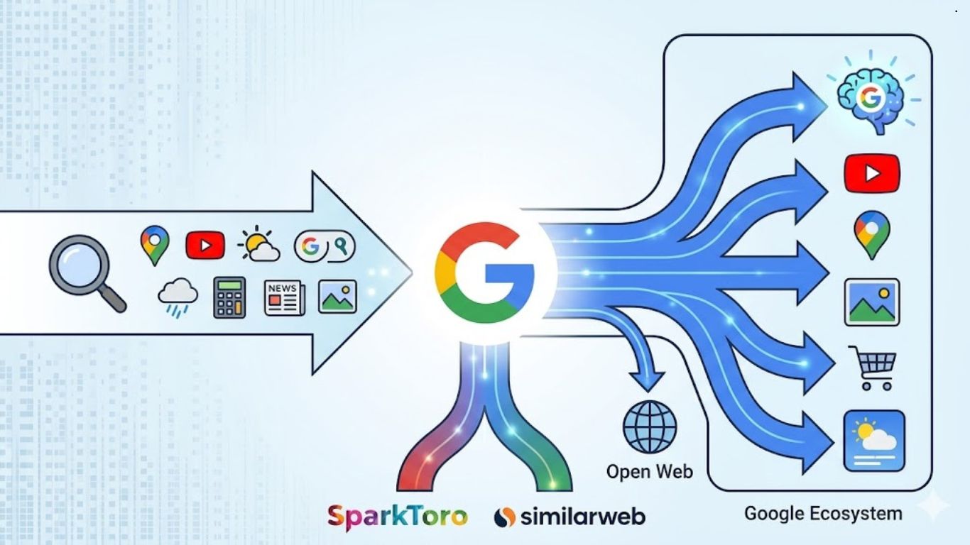 Infografika o trendovima Google pretraživanja za 2026. godinu, koja pokazuje pad klikova na otvoreni web na 27,6% i trend opadanja pretraživanja uz povećano uplitanje AI pregleda (AI Overviews).