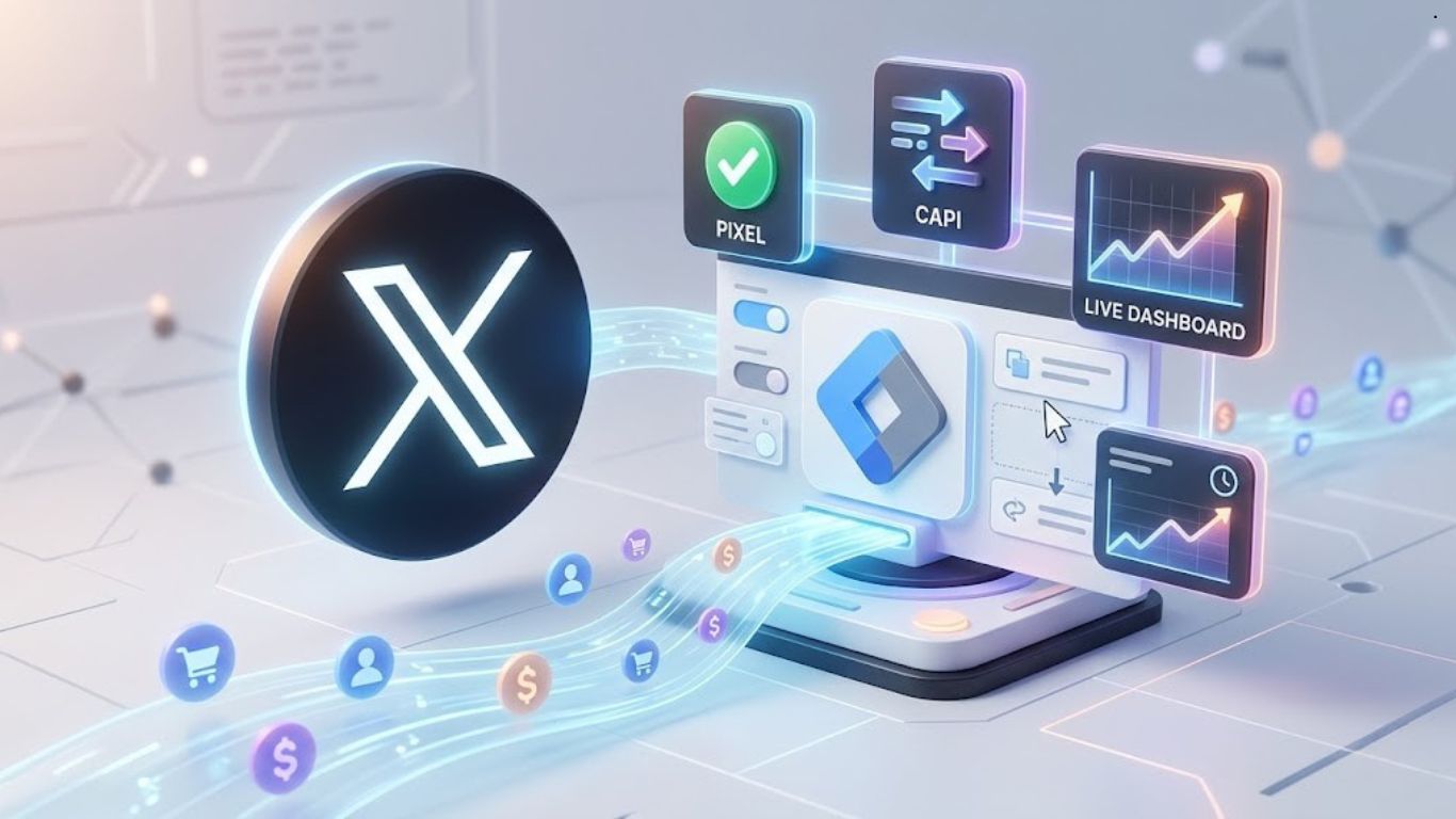 Korisnički interfejs X Ads Manager-a koji prikazuje proces integracije sa Google Tag Manager-om za no-code praćenje konverzija