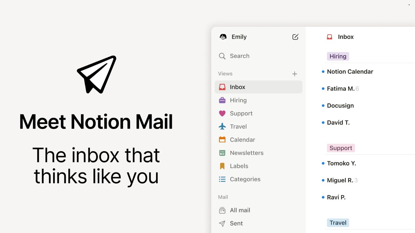 Ilustracija Notion Mail aplikacije na ekranu računara sa obaveštenjem o gašenju servisa i grafičkim simbolima AI agenata koji upravljaju poštom.