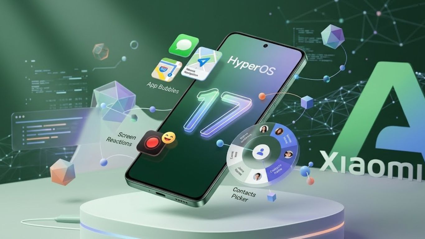 Ilustracija operativnog sistema Android 17 na ekranu telefona sa prepoznatljivim elementima Xiaomi HyperOS korisničkog interfejsa.