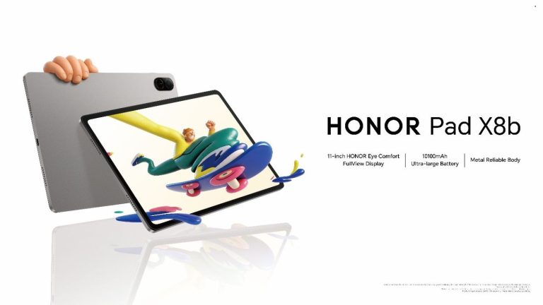 Novi metalni tablet HONOR Pad X8b u Space Grey boji sa prikazom interfejsa MagicOS 10.0 i sistemom sa četiri zvučnika.