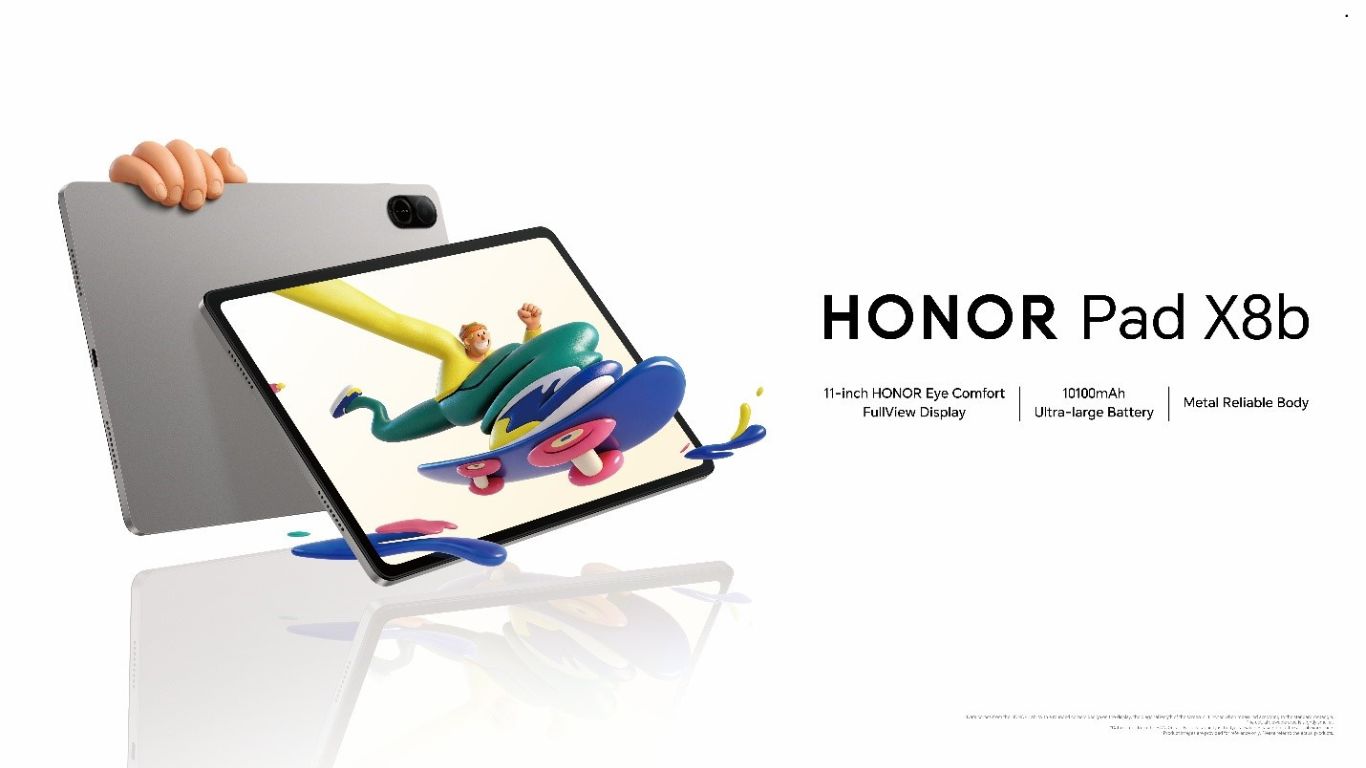 Novi metalni tablet HONOR Pad X8b u Space Grey boji sa prikazom interfejsa MagicOS 10.0 i sistemom sa četiri zvučnika.