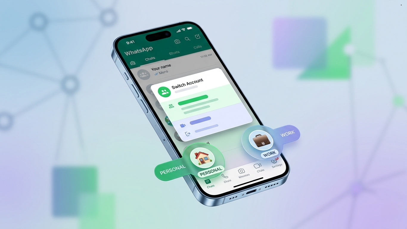 Korisnički interfejs WhatsApp aplikacije na iPhone ekranu koji prikazuje opciju za brzo prebacivanje između dva aktivna broja telefona.