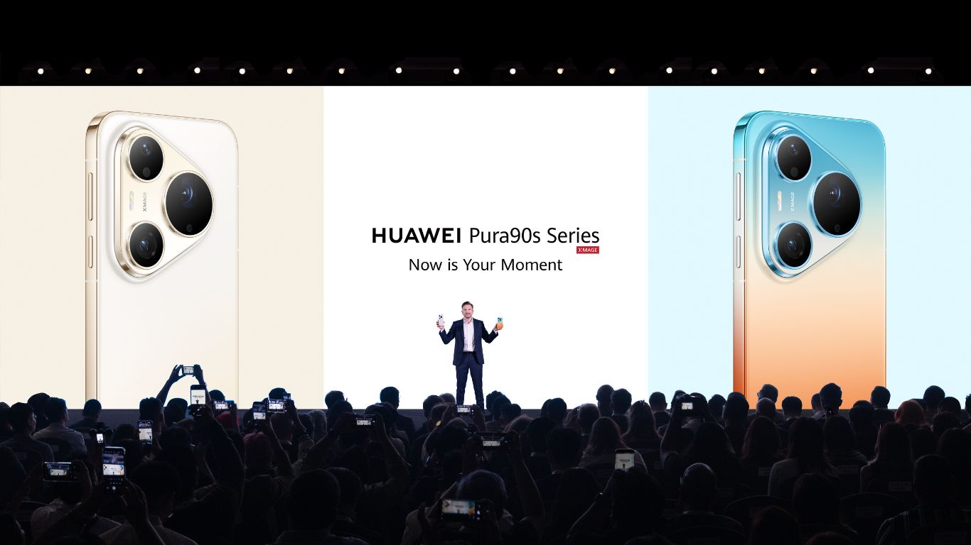 Novi pametni telefon Huawei Pura 90s, bežične slušalice FreeClip 2 S i tanki tablet MatePad Air sa PaperMatte ekranom prikazani zajedno na prezentaciji.