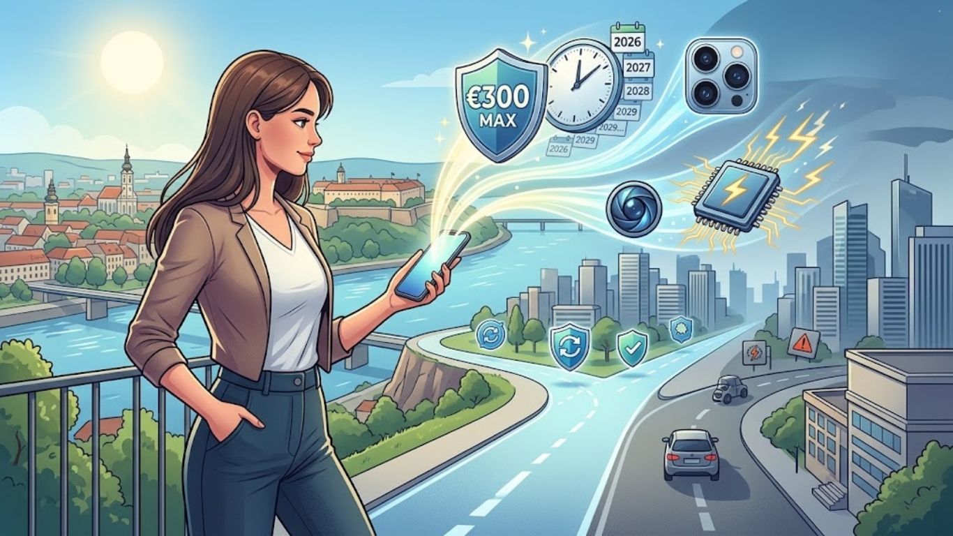 Ilustracija moderne žene na balkonu sa pogledom na grad (prepoznatljive zgrade u Novom Sadu), koja drži pametni telefon. Iz telefona izbijaju plavi energetski zraci sa futurističkim simbolima: štit sa natpisom €300 MAX budžeta, sat i kalendar sa planiranim godinama 2026 do 2029, ikone naprednih kamera i brz procesor sa munjom. Pozadina prikazuje grad sa rekom i mostovima.