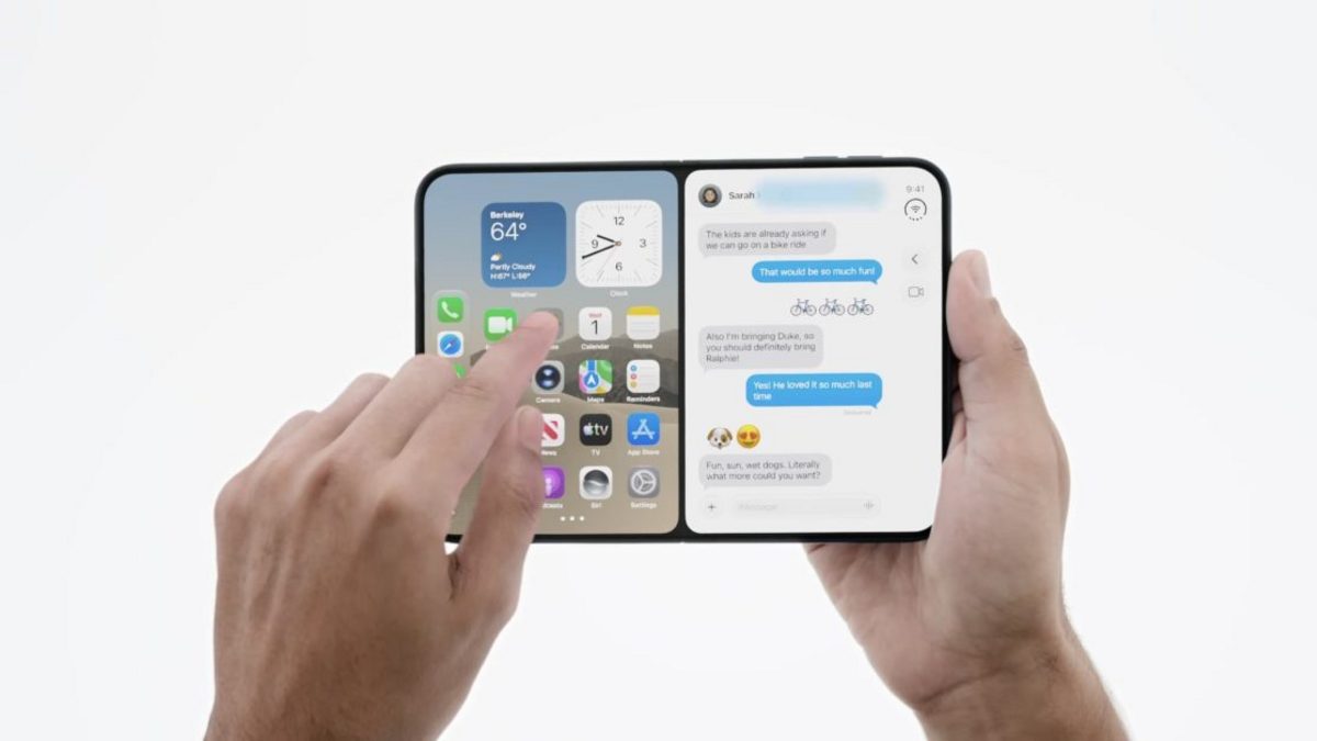 Apple iPhone Duo u otvorenom položaju sa prikazom split screen funkcije na unutrašnjem ekranu